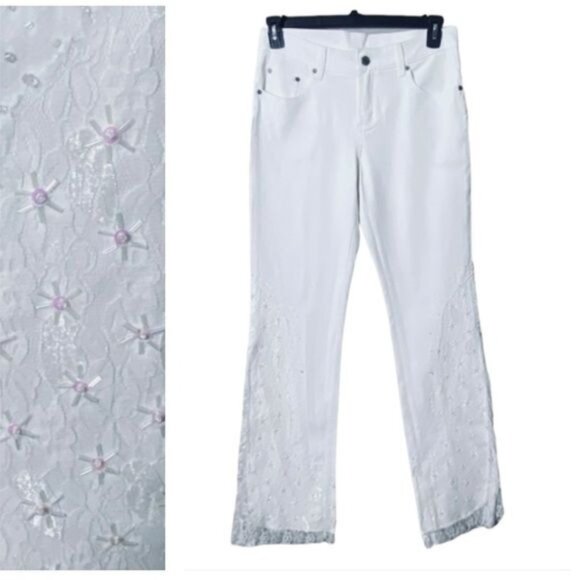 Y2K Womens Fairycore Jeans Size 8 Beaded Lace Hem Wide Leg 70s Flare Pin… - Picture 1 of 10